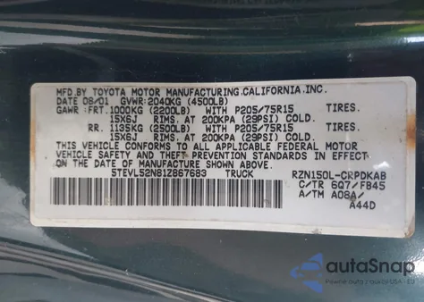 2001 Toyota Tacoma z USA, uszkodzony, nr VIN 5TEVL52N81Z867683